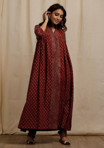 Red Ajrakh Print Gathered and Flared Kurta